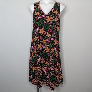 Anne Klein Black Midi Dress with Pink, Orange & Green Floral Print